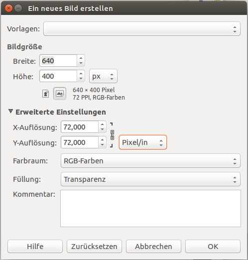 Screenshot: Neues Bild-Dialog unter GIMP